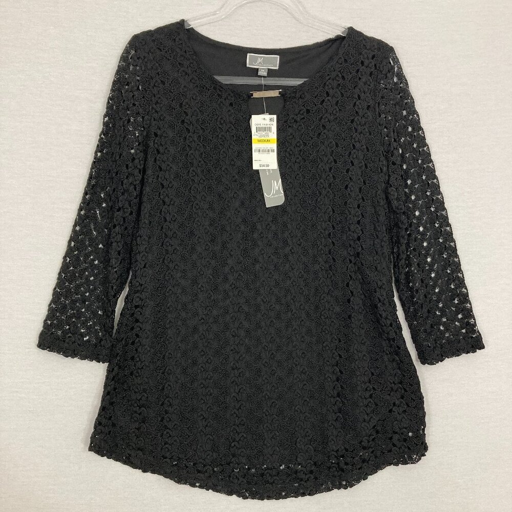 New JM Collection Black Lace Crew Neck Stretch 3/4 Sleeve Pullover Blouse Medium